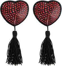 Cache-Tétons Cœur Noir avec Strass Rouge et Pompons